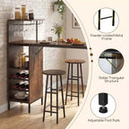 Costway Ensemble table de bar et chaises 3 pièces Table et tabourets de pub industriels avec porte-bouteilles Marron/Chêne