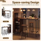 Costway Ensemble table de bar et chaises 3 pièces Table et tabourets de pub industriels avec porte-bouteilles Marron/Chêne