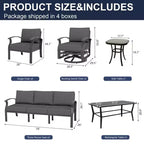 ALAULM Ensemble de mobilier de jardin en aluminium 7 places, avec fauteuil pivotant à bascule et table basse en métal