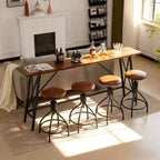 Karl Home 83.86in Bar Table and Stool Set with 4 Adjustable Height Swivel Stools in Brown for Dinner Kitchen and Living Room