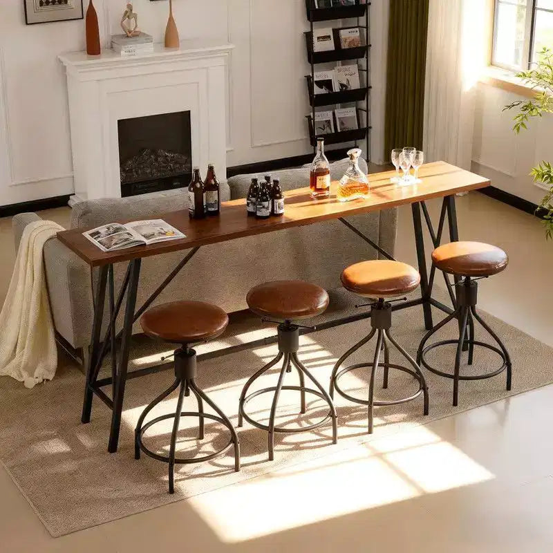 Karl Home 83.86in Bar Table and Stool Set with 4 Adjustable Height Swivel Stools in Brown for Dinner Kitchen and Living Room