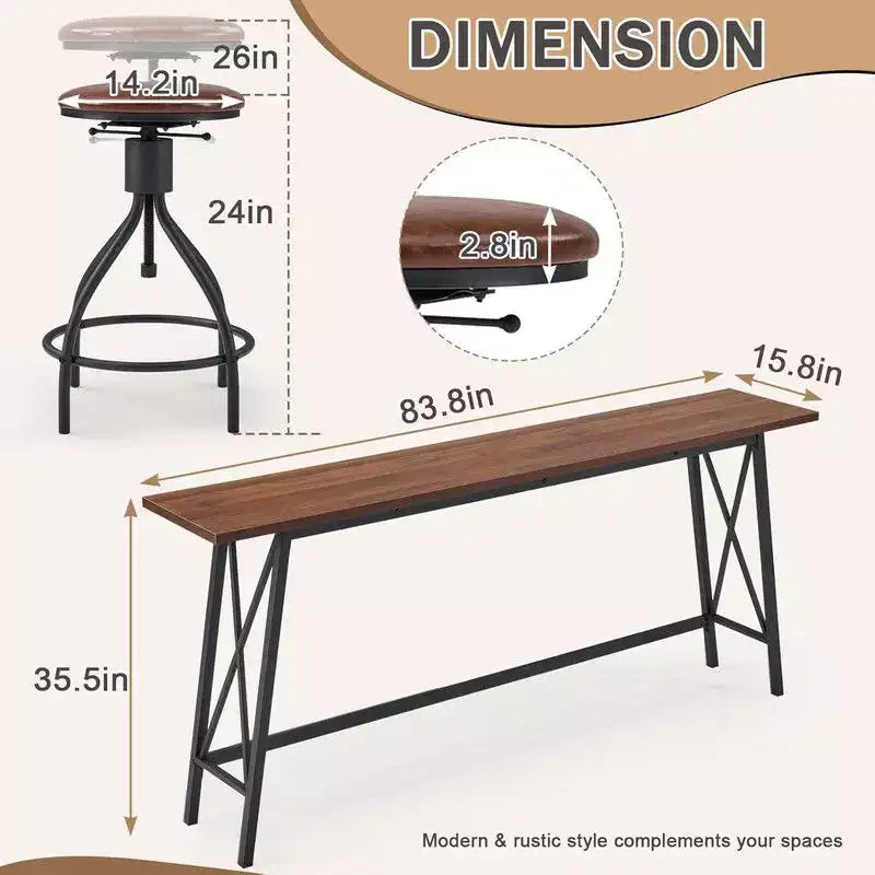 Ensemble table de bar et 4 tabourets pivotants réglables en hauteur Karl Home 213 cm, marron, pour salle à manger, cuisine et salon