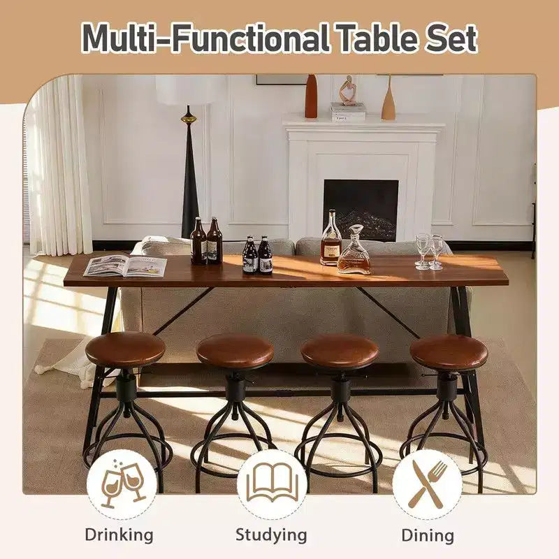 Ensemble table de bar et 4 tabourets pivotants réglables en hauteur Karl Home 213 cm, marron, pour salle à manger, cuisine et salon