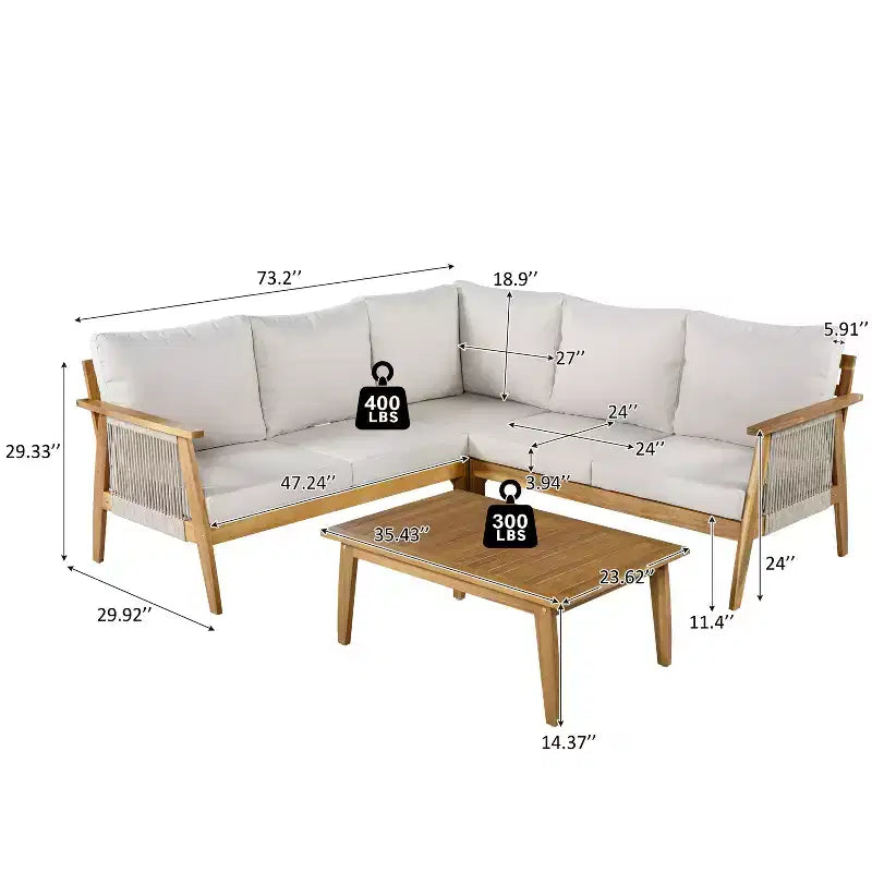 Christopher Knight Home Hanna - Ensemble de canapé sectionnel d'extérieur 4 pièces en bois d'acacia avec corde tressée à la main