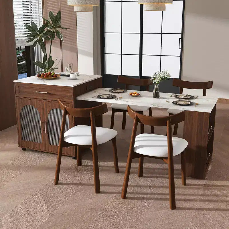 GDFStudio Malthus Ensemble de salle à manger et îlot de cuisine extensible de 80 pouces avec 4 chaises en bois massif