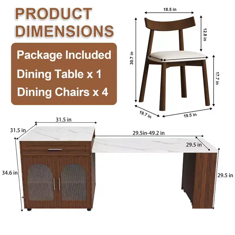 GDFStudio Malthus Ensemble de salle à manger et îlot de cuisine extensible de 80 pouces avec 4 chaises en bois massif