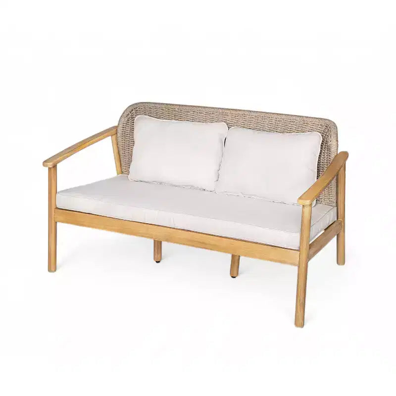 Ensemble de conversation ModernLuxe en bois d'acacia pour l'extérieur, ensemble de canapés de patio avec dossier en corde tressée et table basse, finition teck clair