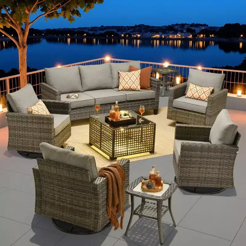Ensemble de mobilier de jardin HOMLUX 8 pièces avec canapé 3 places, table basse et 4 fauteuils pivotants