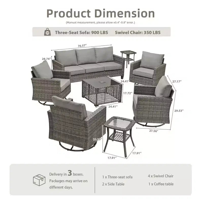 Ensemble de mobilier de jardin HOMLUX 8 pièces avec canapé 3 places, table basse et 4 fauteuils pivotants