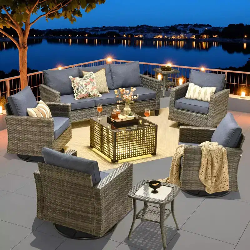 Ensemble de mobilier de jardin HOMLUX 8 pièces avec canapé 3 places, table basse et 4 fauteuils pivotants