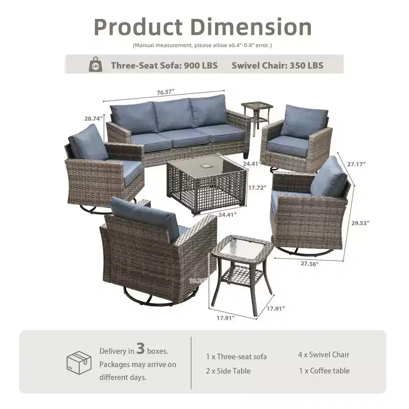Ensemble de mobilier de jardin HOMLUX 8 pièces avec canapé 3 places, table basse et 4 fauteuils pivotants