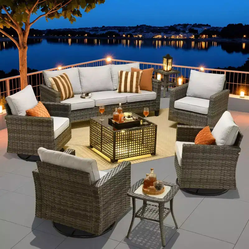Ensemble de mobilier de jardin HOMLUX 8 pièces avec canapé 3 places, table basse et 4 fauteuils pivotants