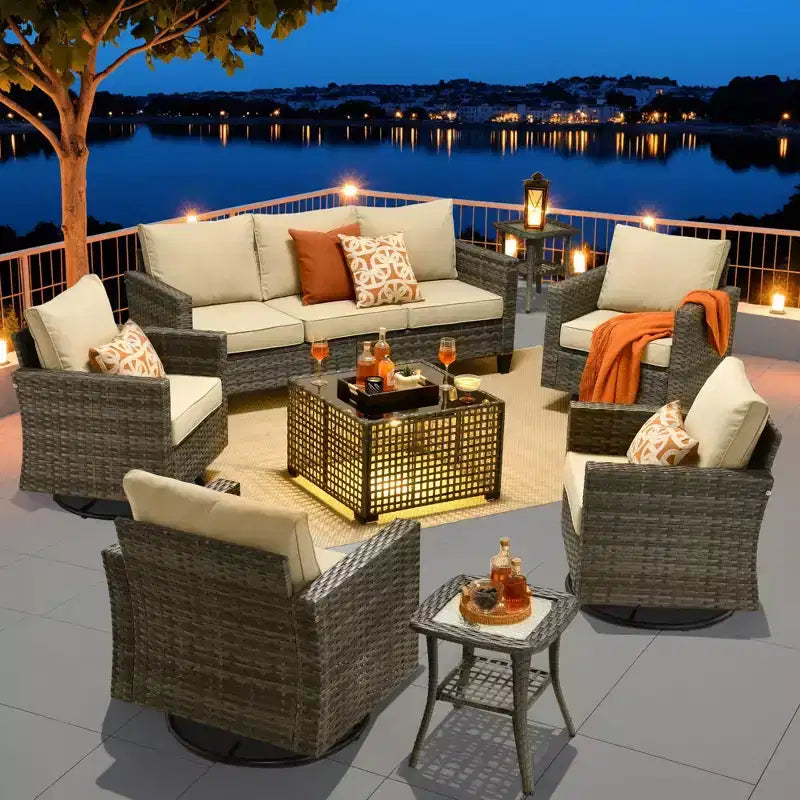 Ensemble de mobilier de jardin HOMLUX 8 pièces avec canapé 3 places, table basse et 4 fauteuils pivotants