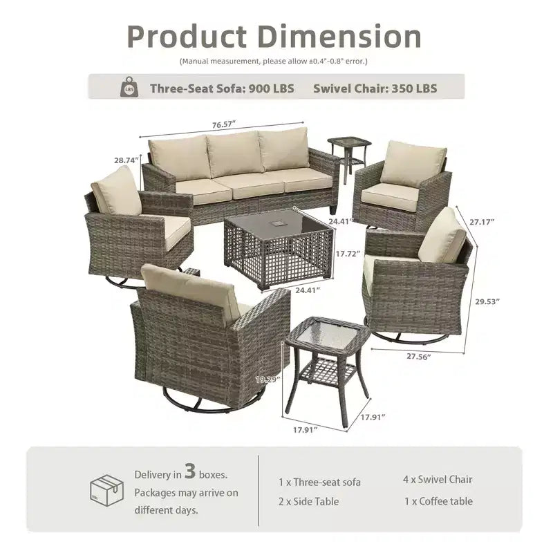 Ensemble de mobilier de jardin HOMLUX 8 pièces avec canapé 3 places, table basse et 4 fauteuils pivotants