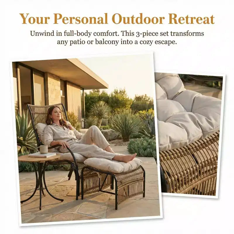 Ensemble de mobilier de jardin 3 pièces avec ottoman et table d'appoint, fauteuil en osier avec coussins pour terrasse, balcon et jardin, beige naturel