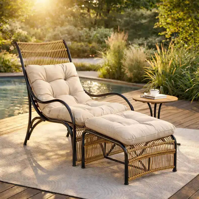 Ensemble de mobilier de jardin 3 pièces avec ottoman et table d'appoint, fauteuil en osier avec coussins pour terrasse, balcon et jardin, beige naturel