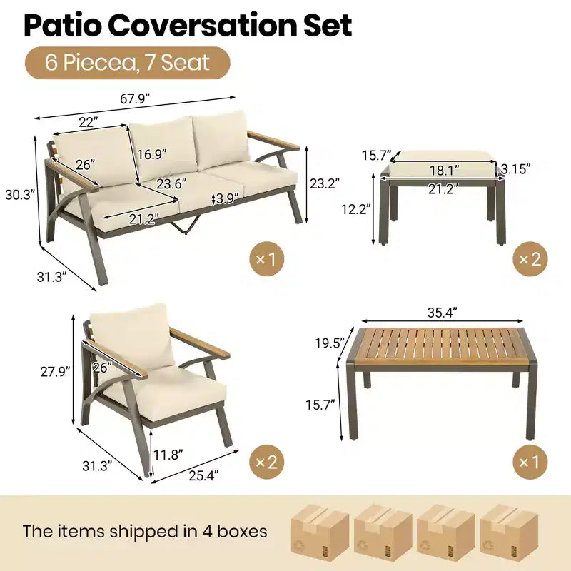 GDFStudio Carter Salon de jardin moderne 6 pièces en acier avec table basse en acacia et coussins