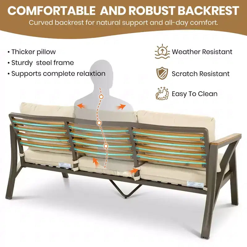 GDFStudio Carter Salon de jardin moderne 6 pièces en acier avec table basse en acacia et coussins