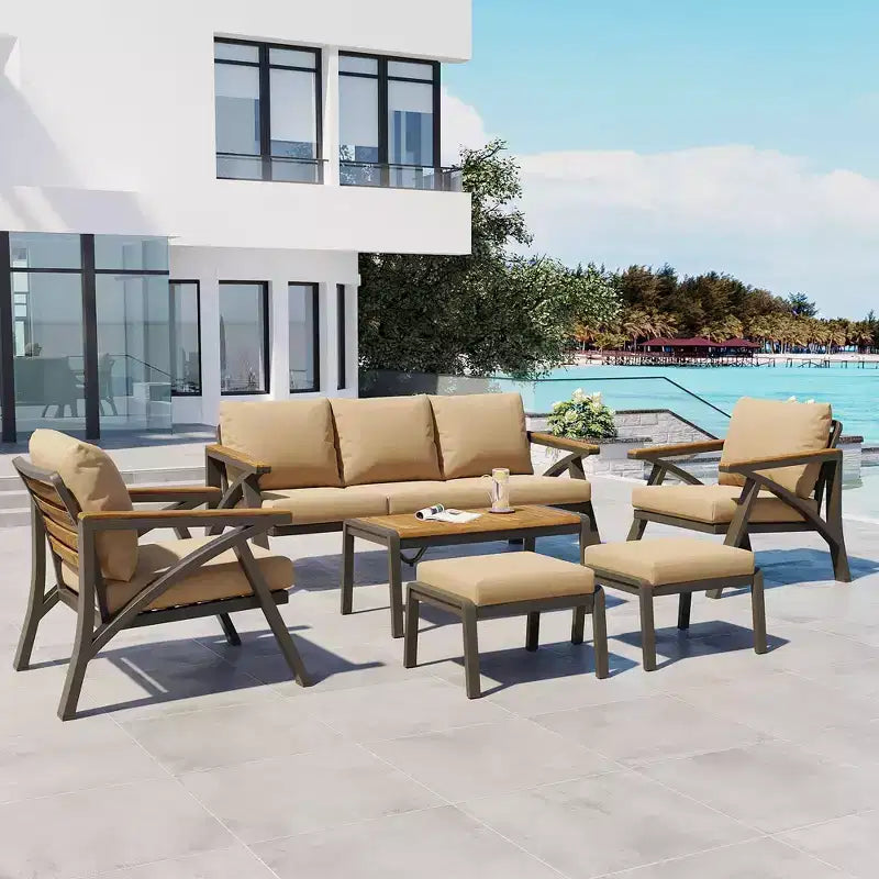 GDFStudio Carter Salon de jardin moderne 6 pièces en acier avec table basse en acacia et coussins