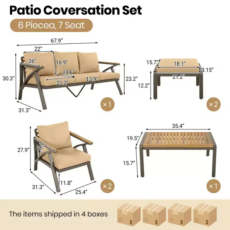 GDFStudio Carter Salon de jardin moderne 6 pièces en acier avec table basse en acacia et coussins