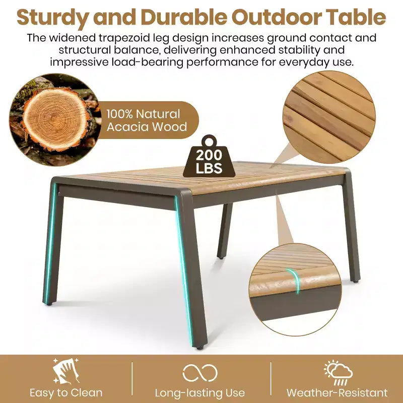 GDFStudio Carter Salon de jardin moderne 6 pièces en acier avec table basse en acacia et coussins