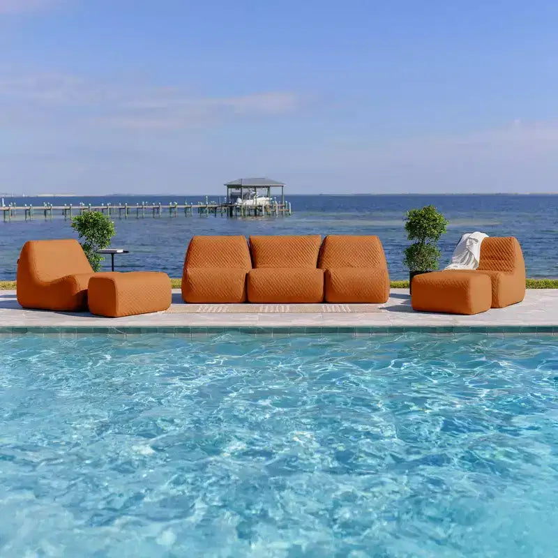 Big Joe Solvana Outdoor Patio Furniture Set, Weather-Resistant Cool Touch Silicone Stitched Leather Sofa, 7 Piece Sectional, Honey Sand