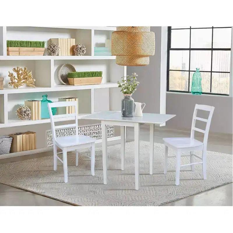 International Concepts Tate Dual Drop Leaf Dining Set with 2 Madrid Ladderback Chairs White: Parabrès, style Mid-Century, ensemble 3 pièces