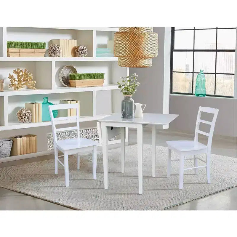 International Concepts Tate Dual Drop Leaf Dining Set with 2 Madrid Ladderback Chairs White: Parabrès, style Mid-Century, ensemble 3 pièces