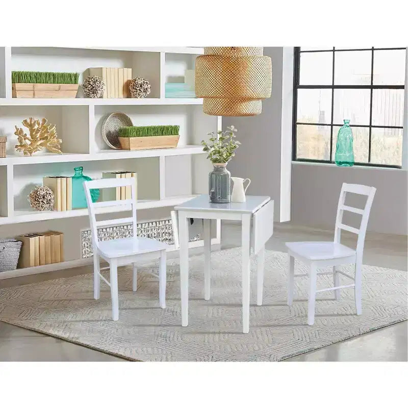 International Concepts Tate Dual Drop Leaf Dining Set with 2 Madrid Ladderback Chairs White: Parabrès, style Mid-Century, ensemble 3 pièces