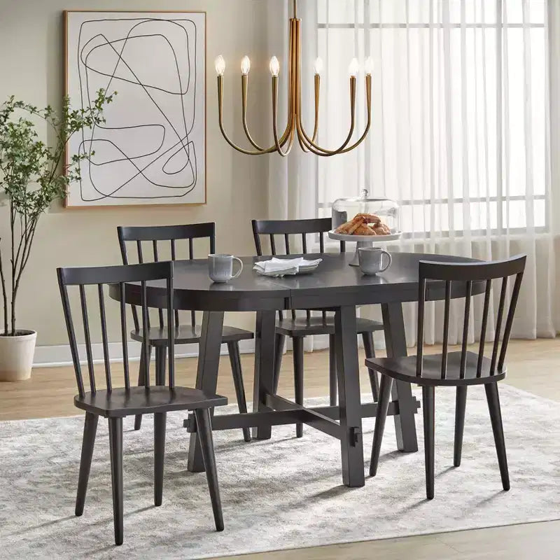 Ensemble de salle à manger extensible 5 pièces Lifestorey Edmonton Farmhouse avec chaises en bois massif noir mat