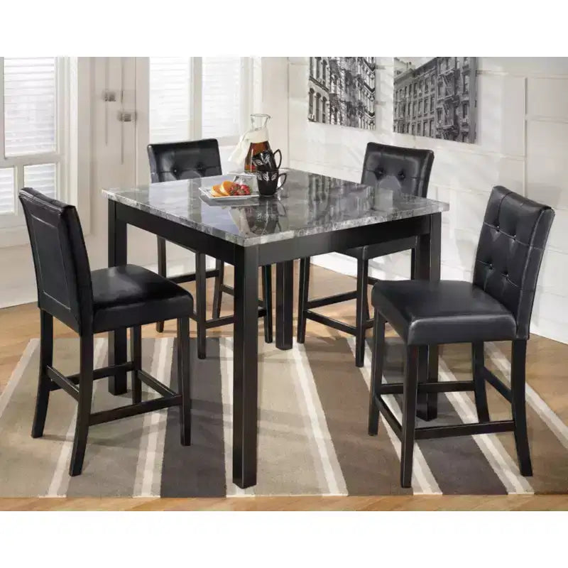 Ensemble table à manger noir pour 4 personnes : Plateau carré contemporain en faux marbre, sièges rembourrés en vinyle, hauteur comptoir, ensemble de 5 pièces
