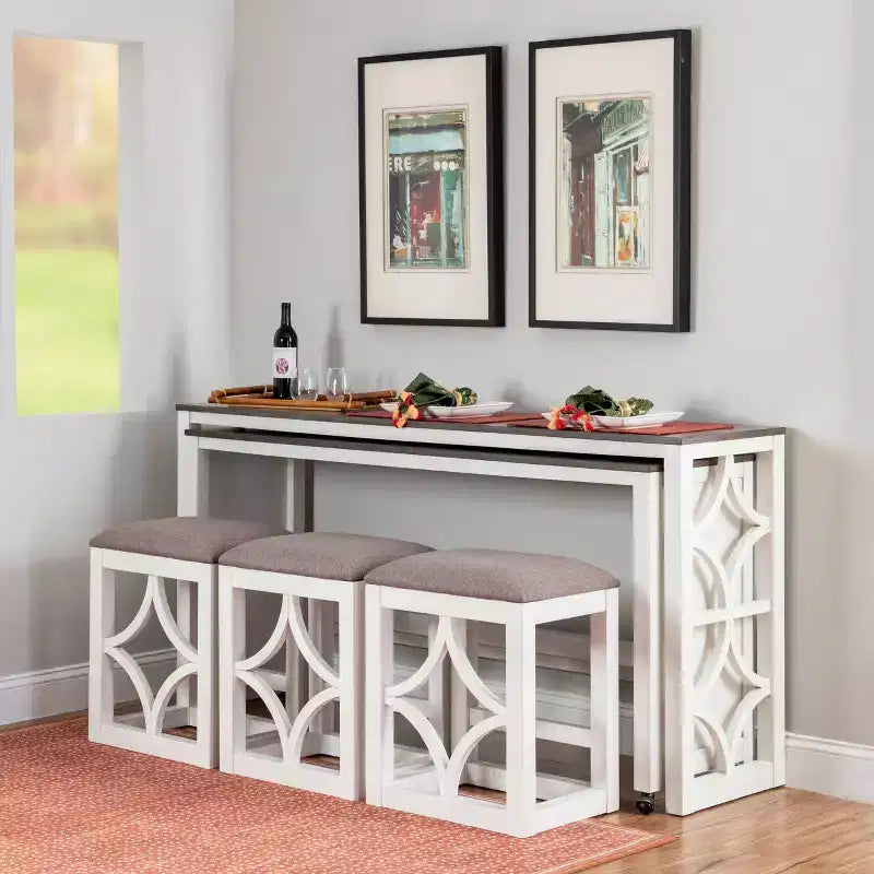 Ensemble de salle à manger console roulante en bois massif Powell Adams avec 3 tabourets rembourrés en tissu beige - Blanc : table rectangulaire, gigogne, non extensible