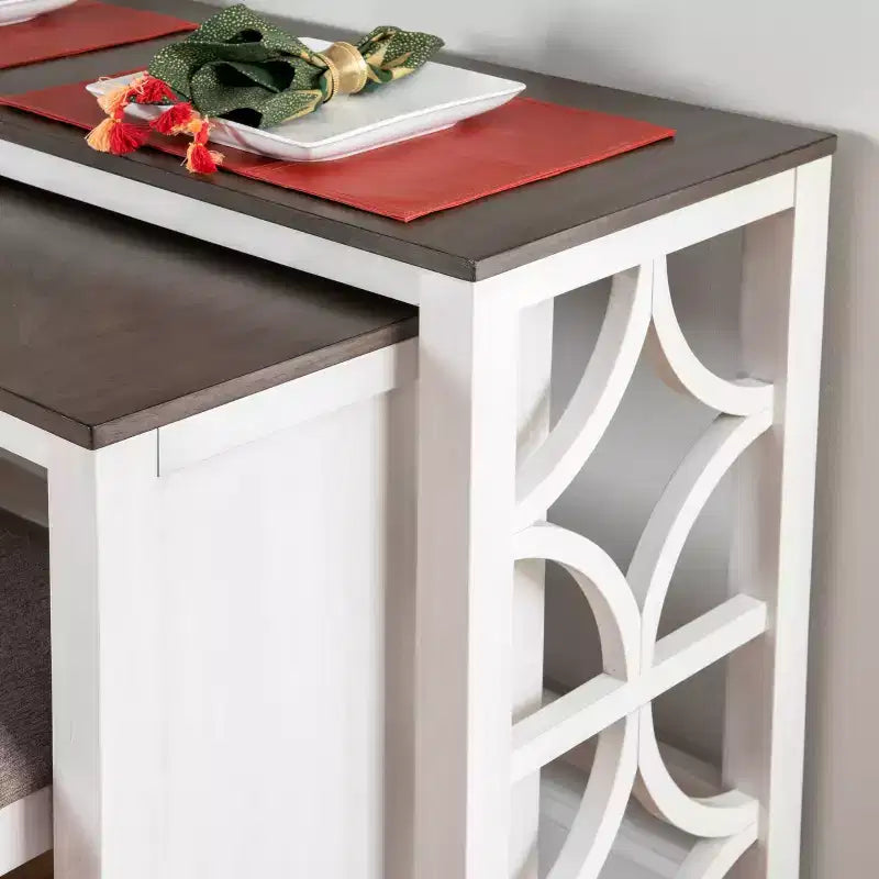 Ensemble de salle à manger console roulante en bois massif Powell Adams avec 3 tabourets rembourrés en tissu beige - Blanc : table rectangulaire, gigogne, non extensible