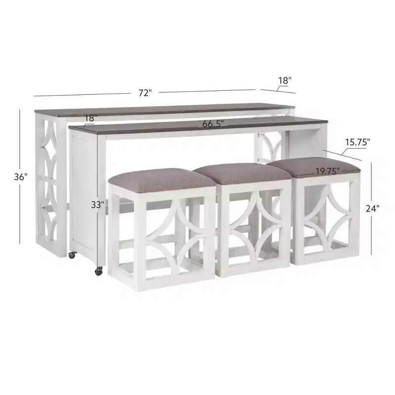 Ensemble de salle à manger console roulante en bois massif Powell Adams avec 3 tabourets rembourrés en tissu beige - Blanc : table rectangulaire, gigogne, non extensible