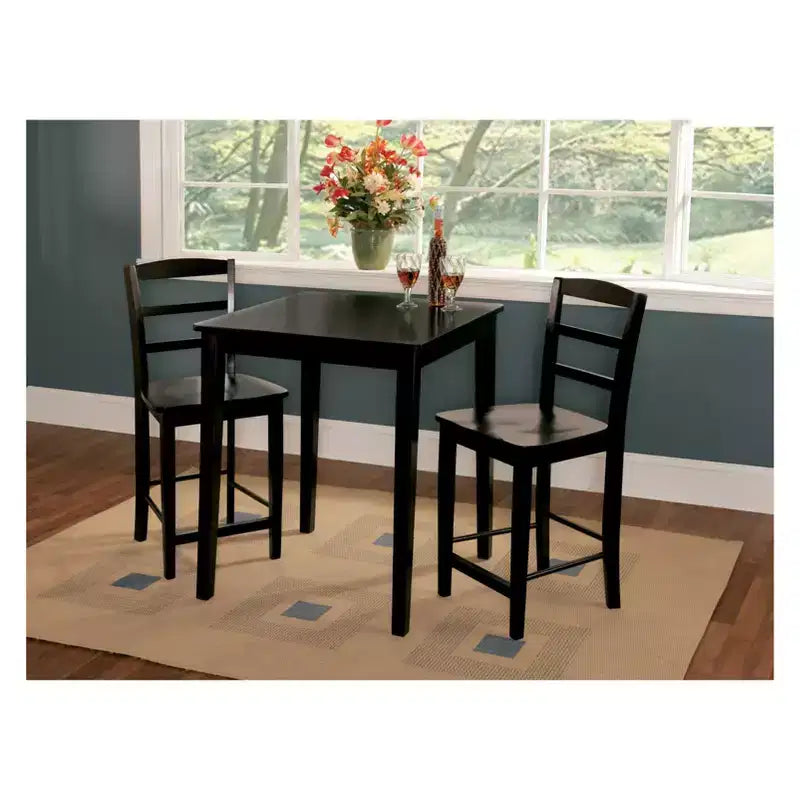 Ensemble de 3 tables carrées de 76 cm de hauteur de comptoir avec 2 ensembles de salle à manger Madrid noirs - International Concepts : Bois massif, non extensible