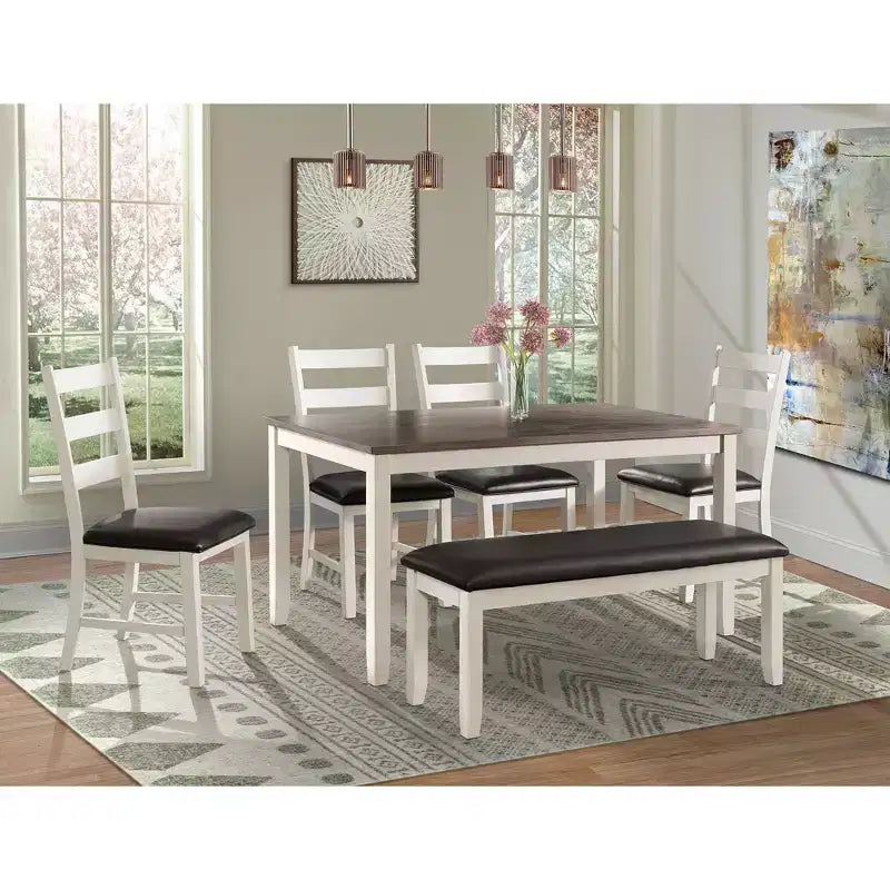 Ensemble de salle à manger 6 pièces marron Kona - Picket House Furnishings : Chaises rembourrées, Banc en bois, Table rectangulaire