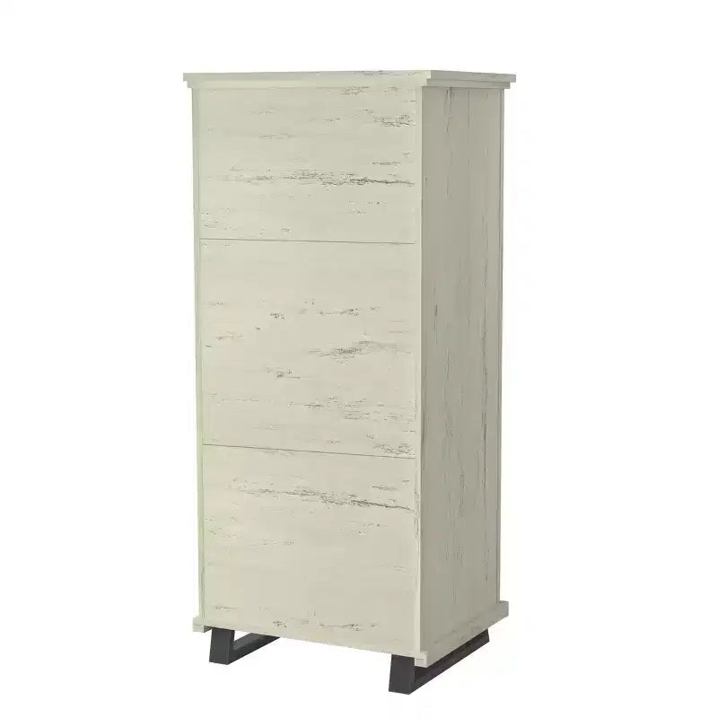 Commode Festivo 3 pièces contemporaine 24 po à 5 tiroirs et table de nuit à 3 tiroirs, blanc cassé aspect scié : MDF, pieds en métal, dispositif anti-basculement