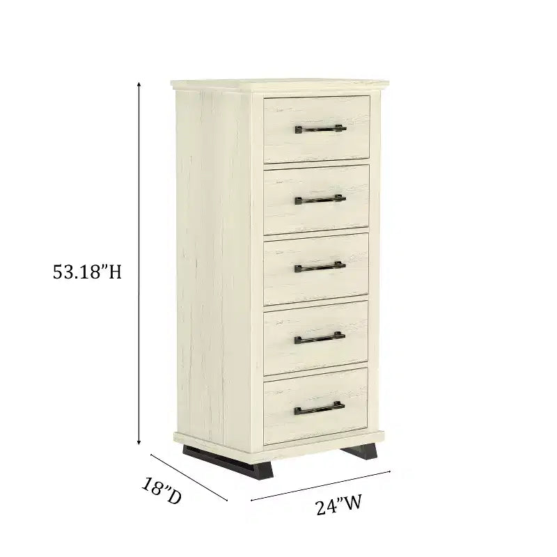 Commode Festivo 3 pièces contemporaine 24 po à 5 tiroirs et table de nuit à 3 tiroirs, blanc cassé aspect scié : MDF, pieds en métal, dispositif anti-basculement