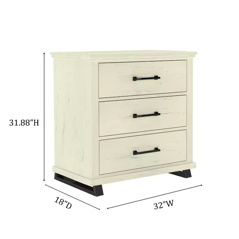 Commode Festivo 3 pièces contemporaine 24 po à 5 tiroirs et table de nuit à 3 tiroirs, blanc cassé aspect scié : MDF, pieds en métal, dispositif anti-basculement