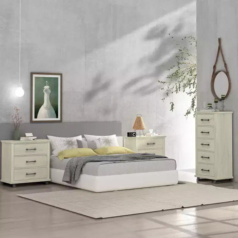 Commode Festivo 3 pièces contemporaine 24 po à 5 tiroirs et table de nuit à 3 tiroirs, blanc cassé aspect scié : MDF, pieds en métal, dispositif anti-basculement