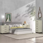 Commode Festivo 3 pièces contemporaine 24 po à 5 tiroirs et table de nuit à 3 tiroirs, blanc cassé aspect scié : MDF, pieds en métal, dispositif anti-basculement