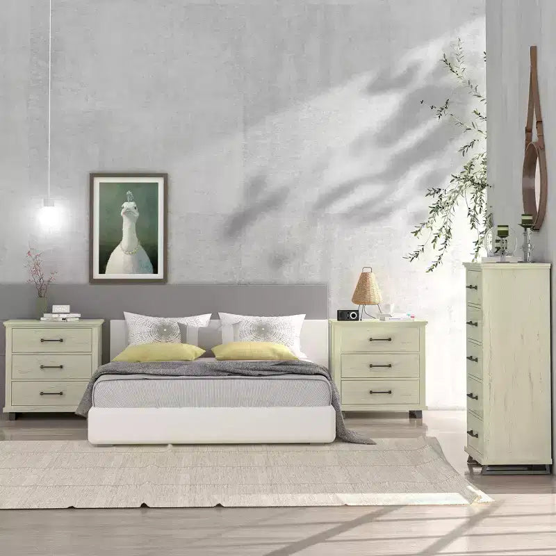 Commode Festivo 3 pièces contemporaine 24 po à 5 tiroirs et table de nuit à 3 tiroirs, blanc cassé aspect scié : MDF, pieds en métal, dispositif anti-basculement