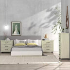Commode Festivo 3 pièces contemporaine 24 po à 5 tiroirs et table de nuit à 3 tiroirs, blanc cassé aspect scié : MDF, pieds en métal, dispositif anti-basculement