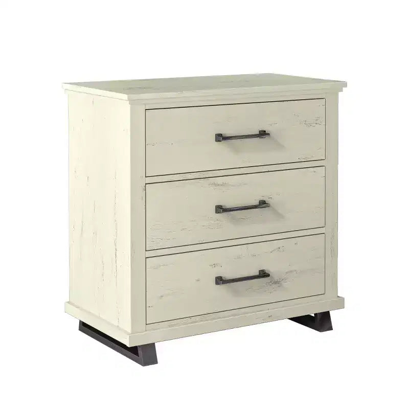 Commode Festivo 3 pièces contemporaine 24 po à 5 tiroirs et table de nuit à 3 tiroirs, blanc cassé aspect scié : MDF, pieds en métal, dispositif anti-basculement