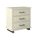 Commode Festivo 3 pièces contemporaine 24 po à 5 tiroirs et table de nuit à 3 tiroirs, blanc cassé aspect scié : MDF, pieds en métal, dispositif anti-basculement