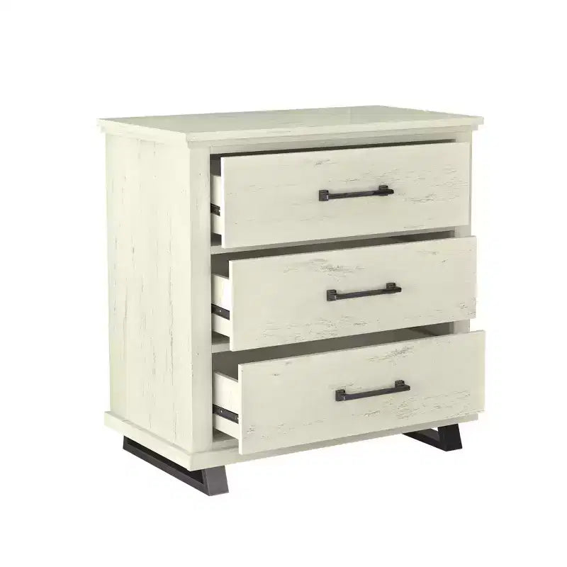 Commode Festivo 3 pièces contemporaine 24 po à 5 tiroirs et table de nuit à 3 tiroirs, blanc cassé aspect scié : MDF, pieds en métal, dispositif anti-basculement