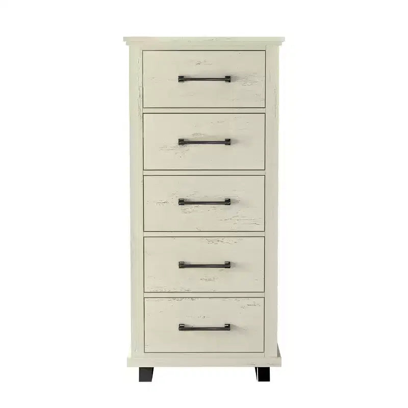 Commode Festivo 3 pièces contemporaine 24 po à 5 tiroirs et table de nuit à 3 tiroirs, blanc cassé aspect scié : MDF, pieds en métal, dispositif anti-basculement
