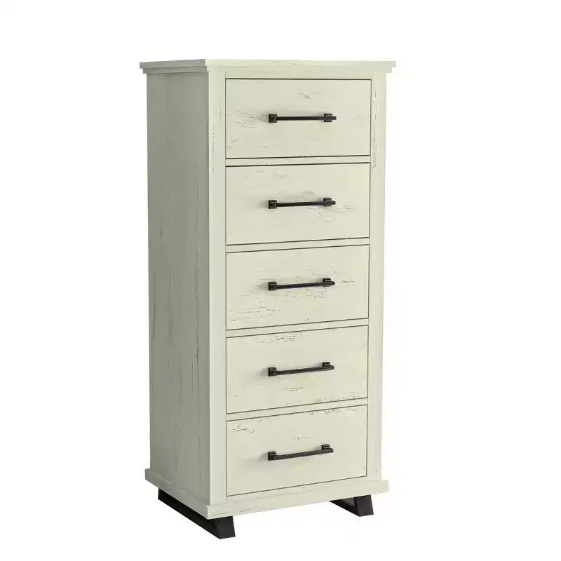Commode Festivo 3 pièces contemporaine 24 po à 5 tiroirs et table de nuit à 3 tiroirs, blanc cassé aspect scié : MDF, pieds en métal, dispositif anti-basculement