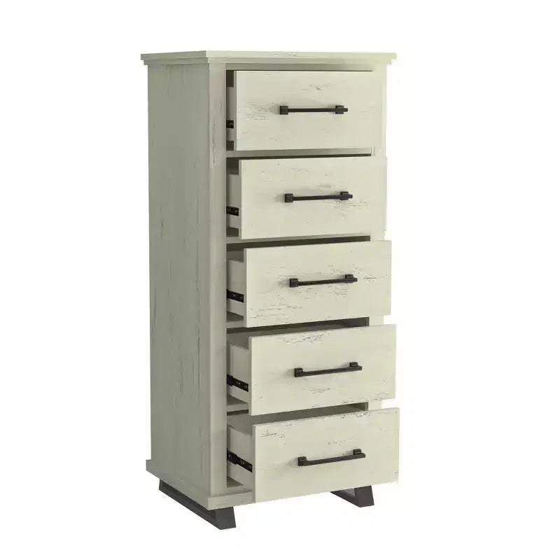Commode Festivo 3 pièces contemporaine 24 po à 5 tiroirs et table de nuit à 3 tiroirs, blanc cassé aspect scié : MDF, pieds en métal, dispositif anti-basculement