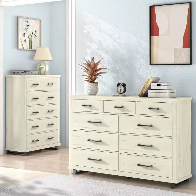 Festivo Ensemble commode contemporaine à 9 tiroirs et chiffonnier à 5 tiroirs de 38 po, aspect bois brut blanchi : Rangement de chambre à coucher nécessitant un assemblage par un adulte